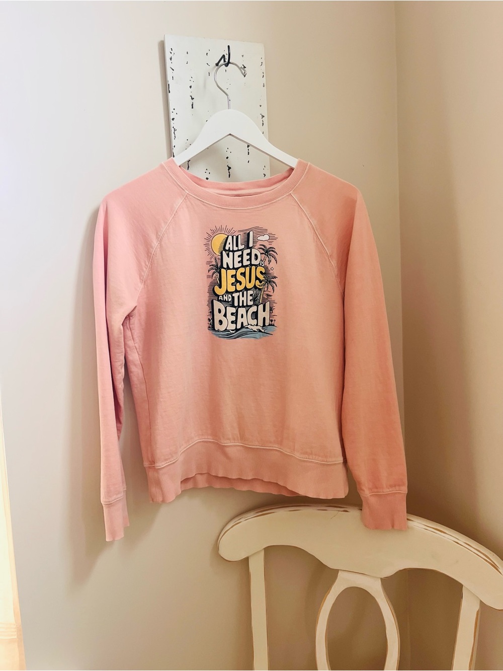 Pink Graphic Crewneck Sweatshirt - “All I Need is Jesus and the Beach” size XS